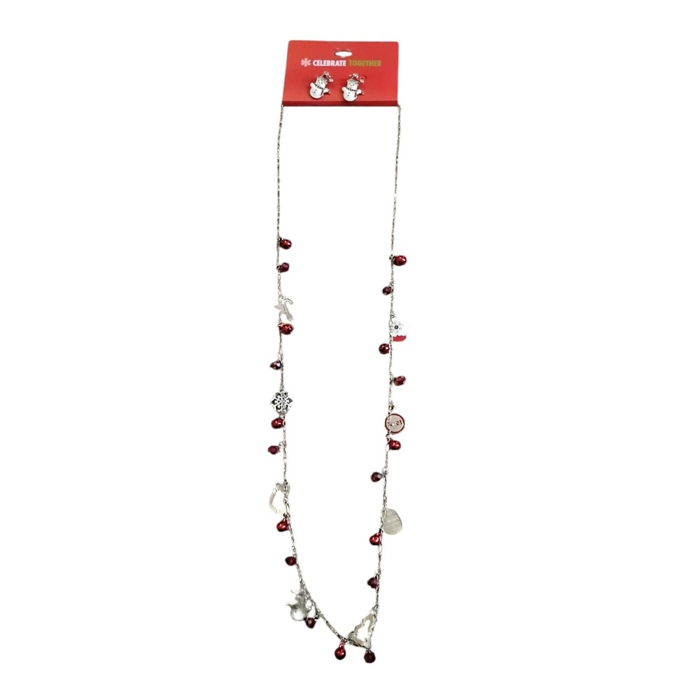 Celebrate Together Christmas Necklace and Snowman Earrings Set Silver Red New